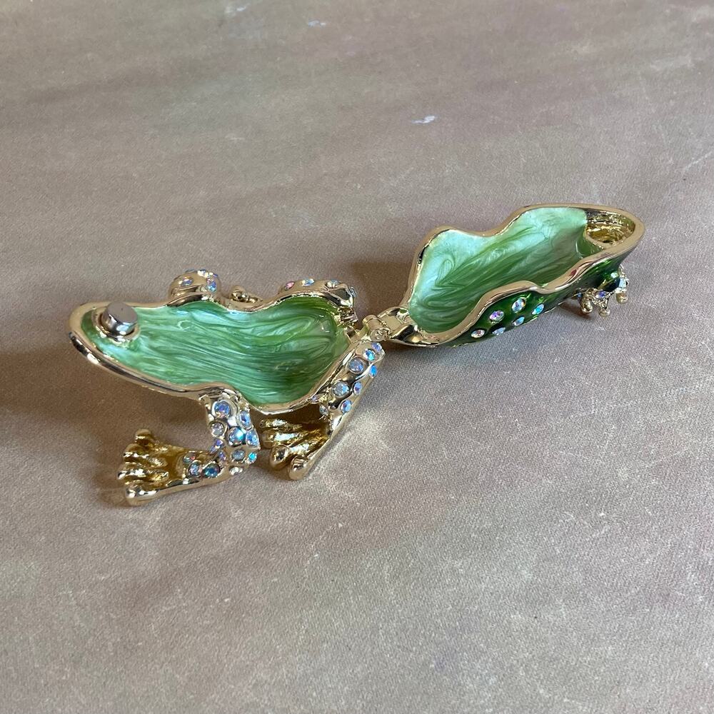 Gold Tone and Green Enamel Frog Prince Trinket Box w/Aurora Borealis Crystals - Picture 5 of 8